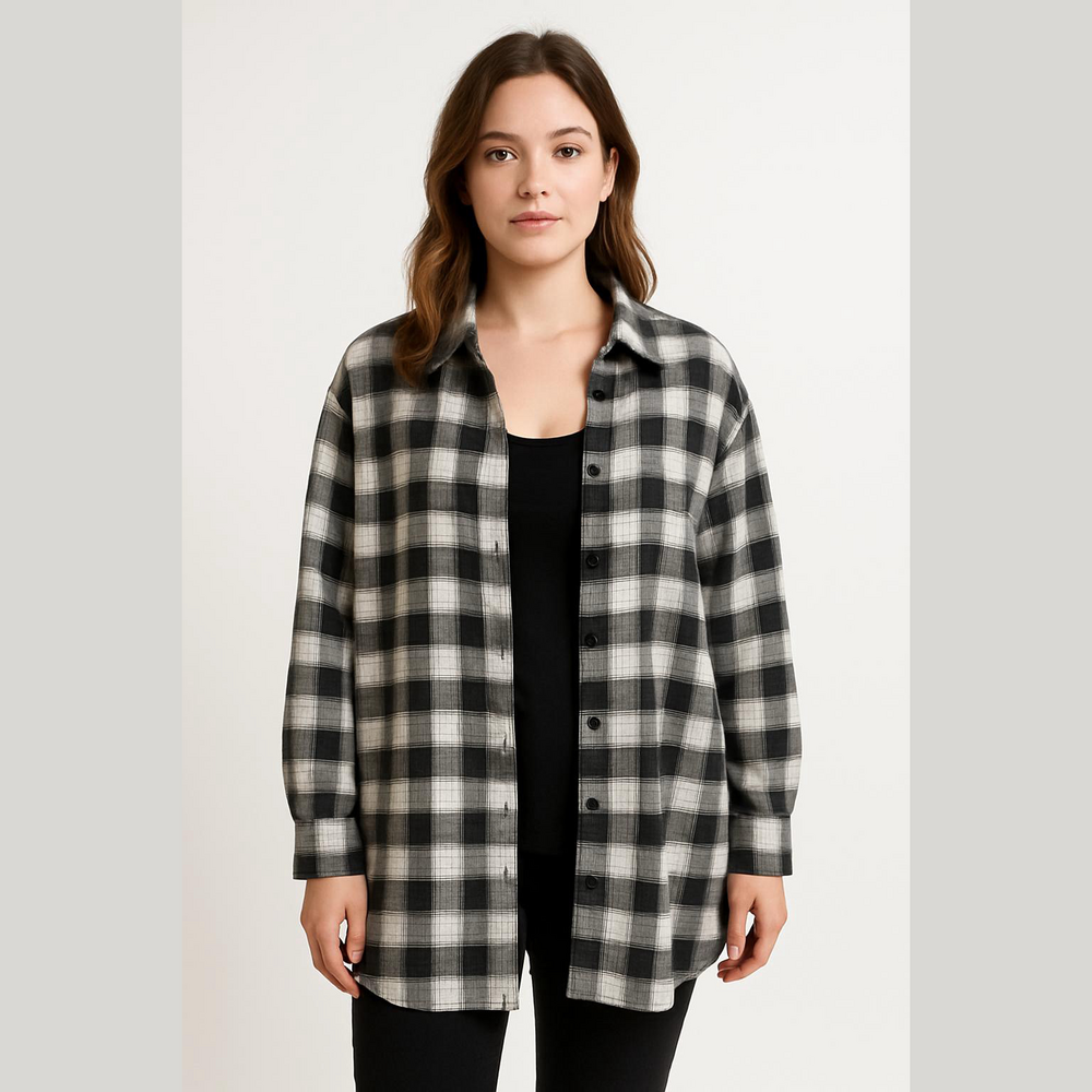 Meiyang Oversized Black and White Plaid Women's Button Down Shirt